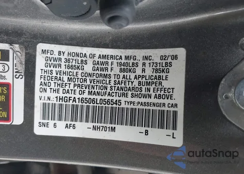 2006 Honda Civic Lx from USA, damaged, VIN 1HGFA16506L056545